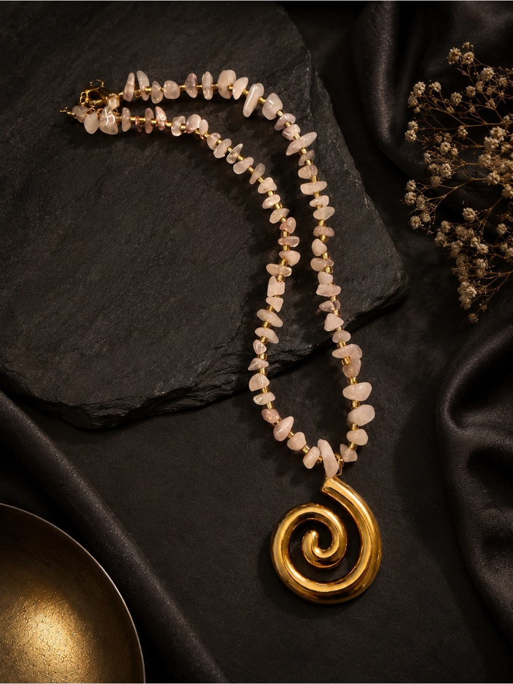 Gold tone Spiral Pendant Necklace with Rose Quartz Beads